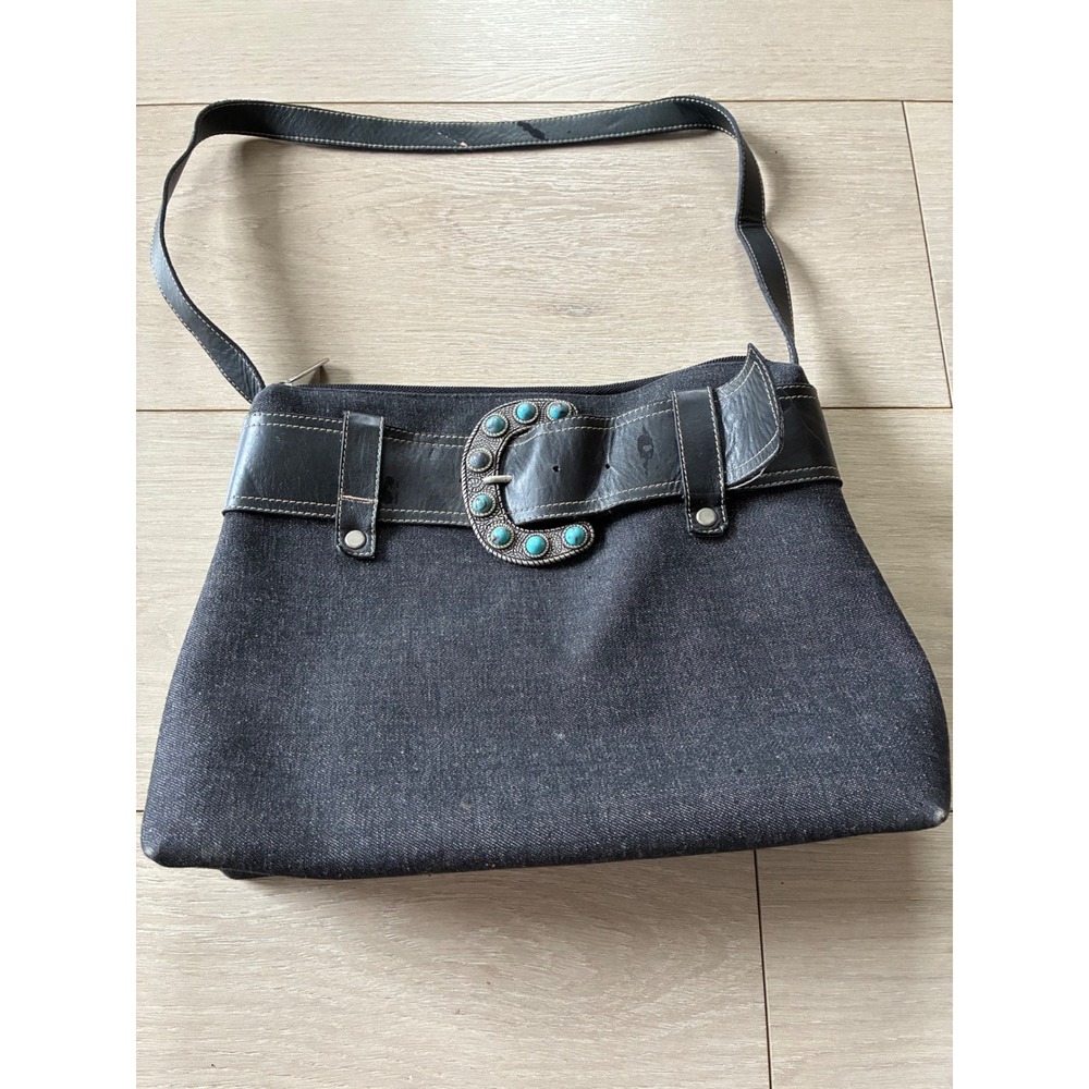 Elite Accessories Vintage Y2K Denim Shoulder Bag Black Leather Turquoise Buckle